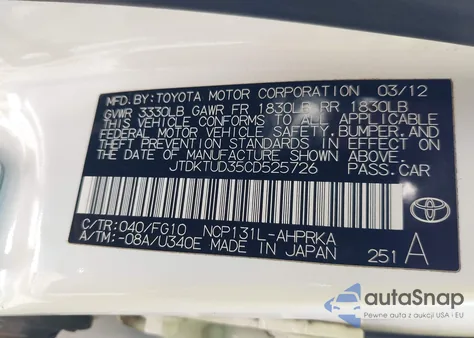 2012 Toyota Yaris Le z USA, uszkodzony, nr VIN JTDKTUD35CD525726